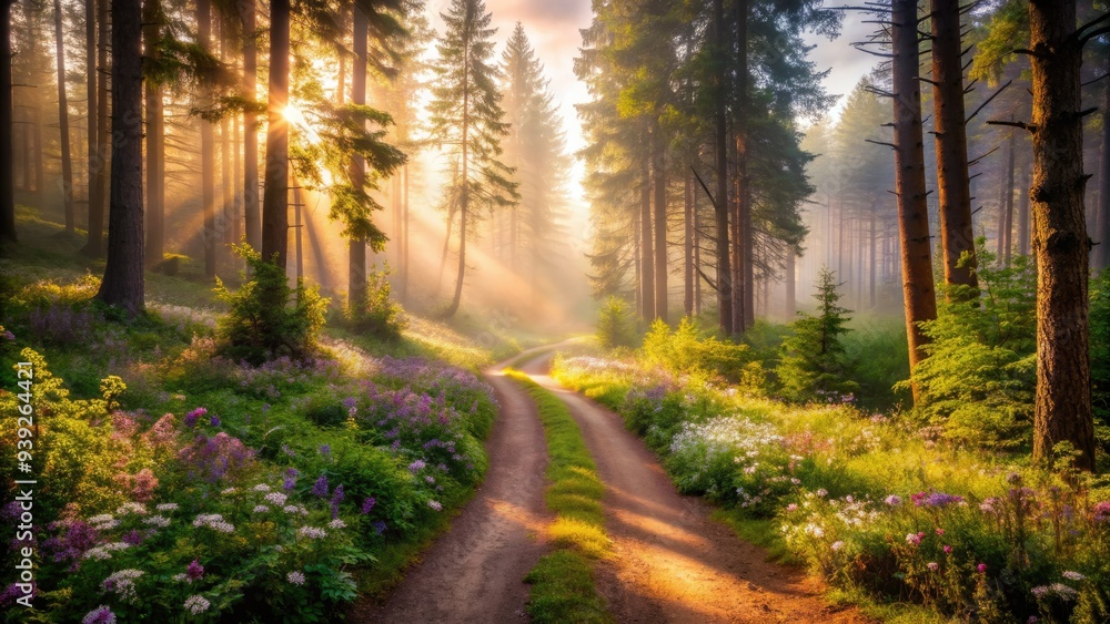 Obraz premium Winding dirt trail leads through misty forest, with sunlit trees and wildflowers guiding the way, symbolizing a journey of self-discovery and new beginnings.