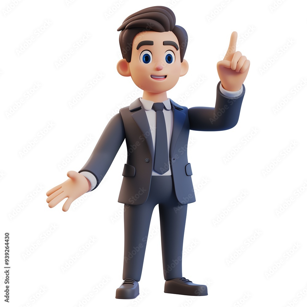 Animated businessman character in a suit pointing up, 3D illustration for business and presentation themes. Animated businessman character in a suit pointing up, 3D illustration for business and presentation themes.
