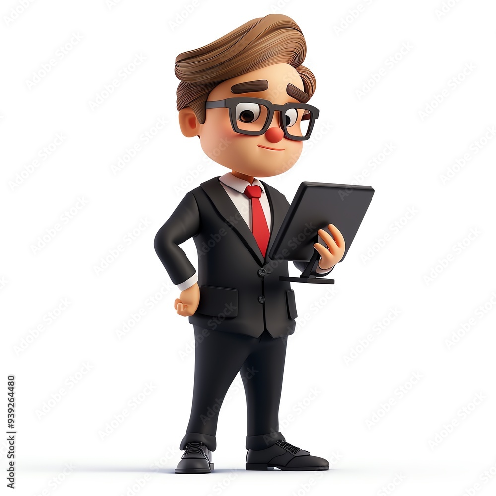 Animated business man in a suit and glasses holding a tablet, standing confidently. Ideal for business, technology, and professional themes. Animated business man in a suit and glasses holding a tablet, standing confidently. Ideal for business, technology, and professional themes.