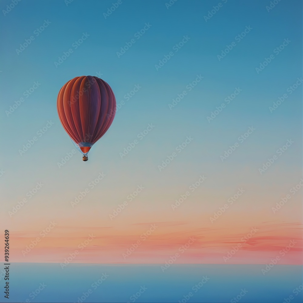 Naklejka premium A solitary hot air balloon floats peacefully against a vibrant, colorful sunset sky, offering a serene and tranquil scene.
