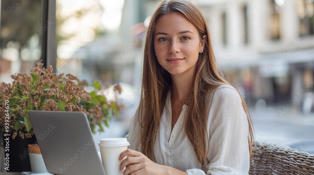 A woman is seated at a table accompanied by a laptop and a warm cup of coffee A woman is seated at a table accompanied by a laptop and a warm cup of coffee