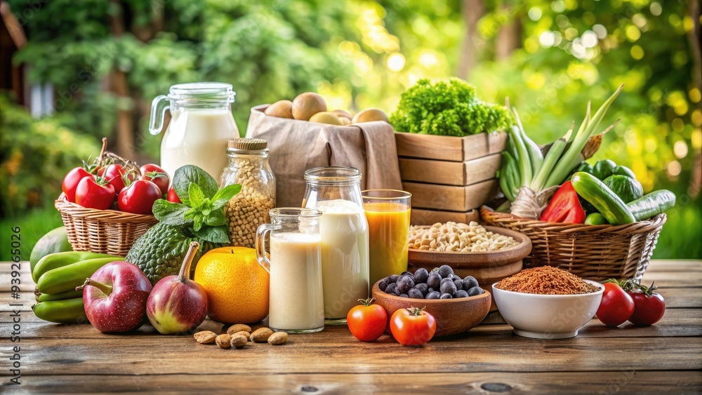 Wooden Table In The Background With Fruit, Vegetables, Dairy Products, And Cereals In Eco-Friendly Packaging Wooden Table In The Background With Fruit, Vegetables, Dairy Products, And Cereals In Eco-Friendly Packaging