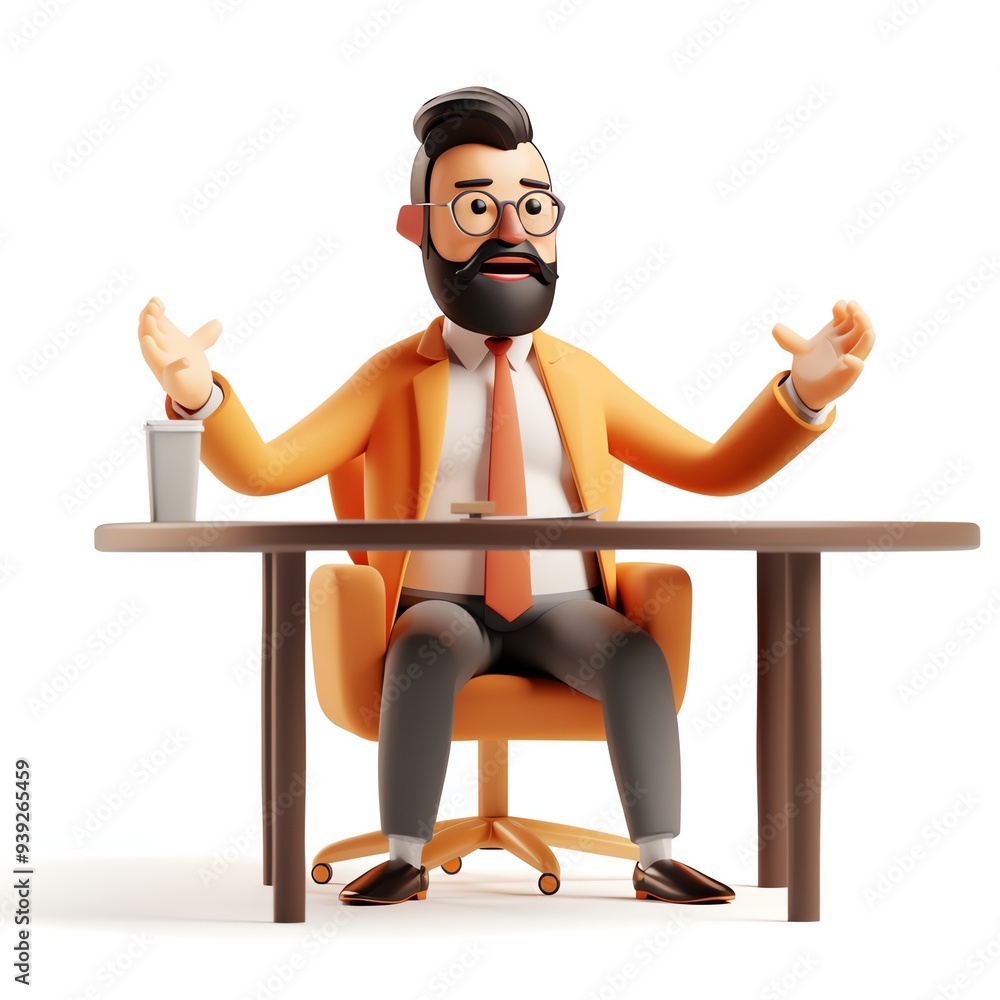 3D illustration of a professional man in a suit sitting at a desk, gesturing with hands, working from office, isolated on white background. 3D illustration of a professional man in a suit sitting at a desk, gesturing with hands, working from office, isolated on white background.
