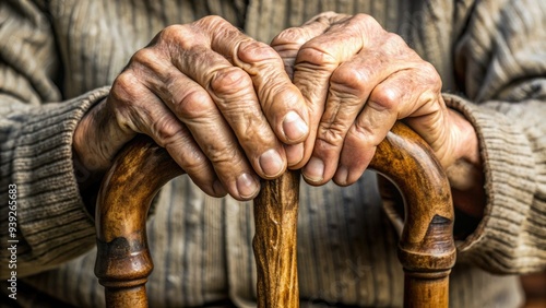 Wrinkled hands holding a worn wooden cane, with a subtle focus on the aged fingers and veins, conveying a sense of frailty and wisdom.