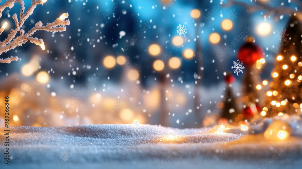 Naklejka premium Snowy winter landscape with soft glowing lights, snowflakes falling, and frosted branches creating a festive atmosphere