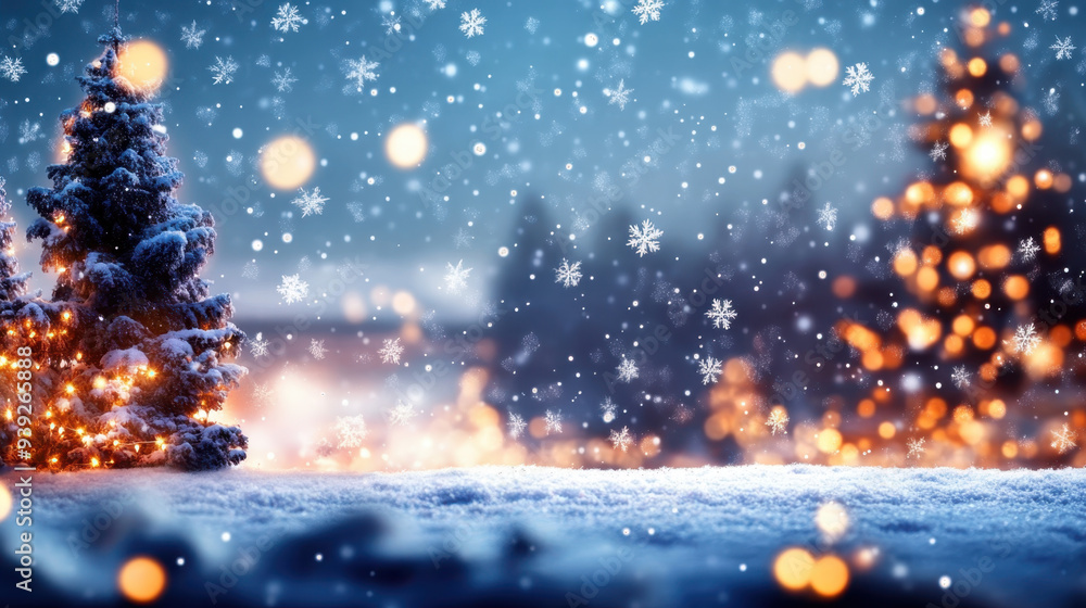 Winter scene with illuminated evergreen trees covered in snow, falling snowflakes, and glowing bokeh lights in a serene atmosphere Winter scene with illuminated evergreen trees covered in snow, falling snowflakes, and glowing bokeh lights in a serene atmosphere