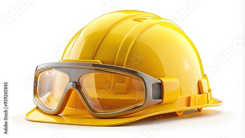 Yellow hard hat and safety glasses icon isolated on white background, symbolizing protection and caution in hazardous work environments and industries. photo