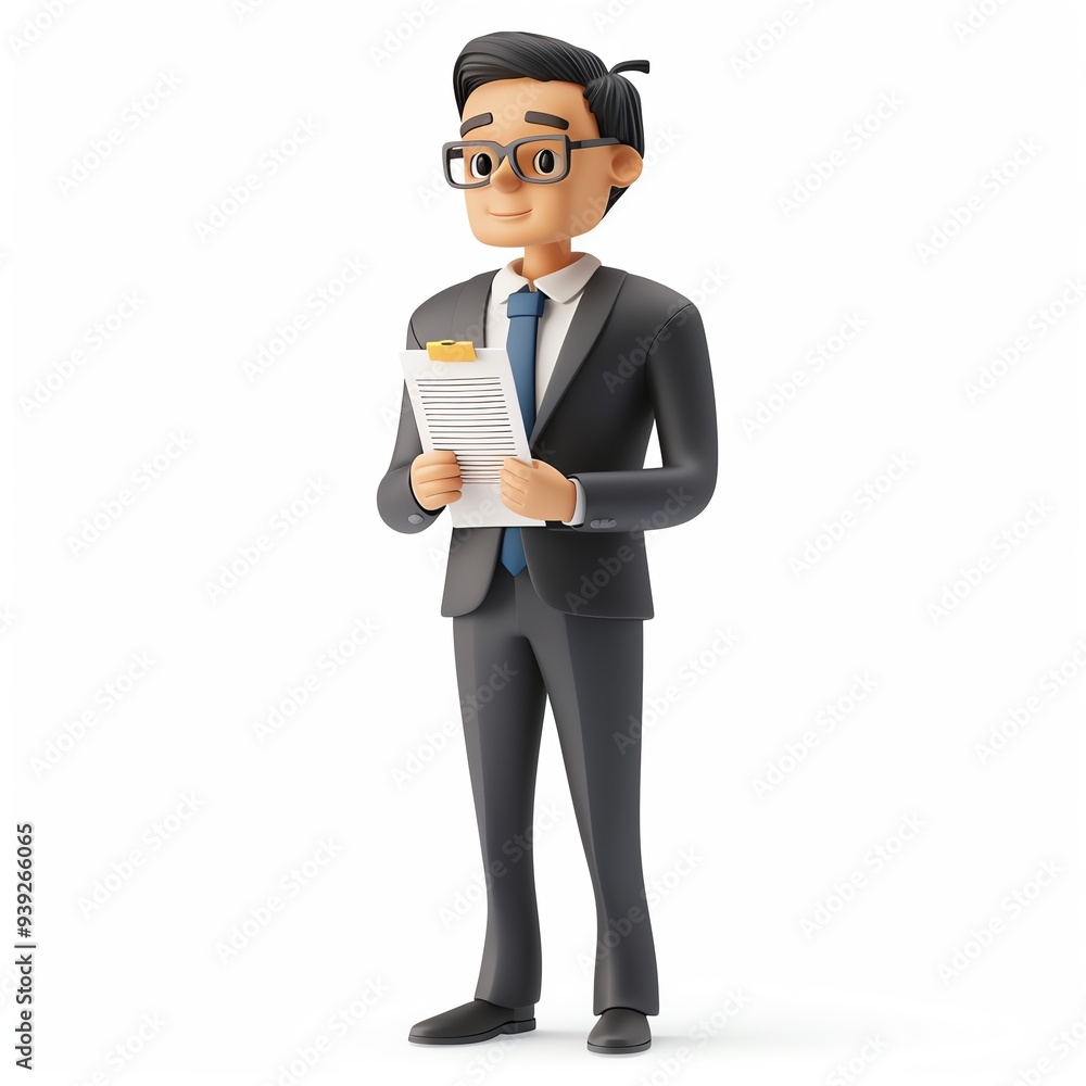 3D illustration of a businessman holding a document, wearing a suit and tie, and standing confidently on a white background. 3D illustration of a businessman holding a document, wearing a suit and tie, and standing confidently on a white background.