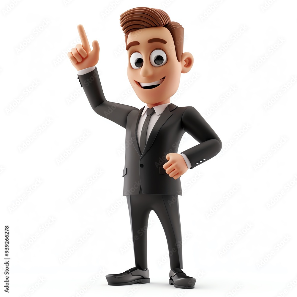 3D character in a business suit, pointing up with a cheerful expression, isolated on a white background. 3D character in a business suit, pointing up with a cheerful expression, isolated on a white background.