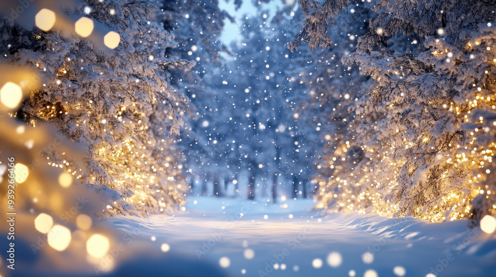 Snow-covered forest pathway with glowing fairy lights and falling snowflakes creating a magical winter ambiance Snow-covered forest pathway with glowing fairy lights and falling snowflakes creating a magical winter ambiance