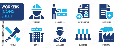 A set of solid icons related to Workers. Employee, job, insurance, factory, production, manager, and office. Vector flat icons set.