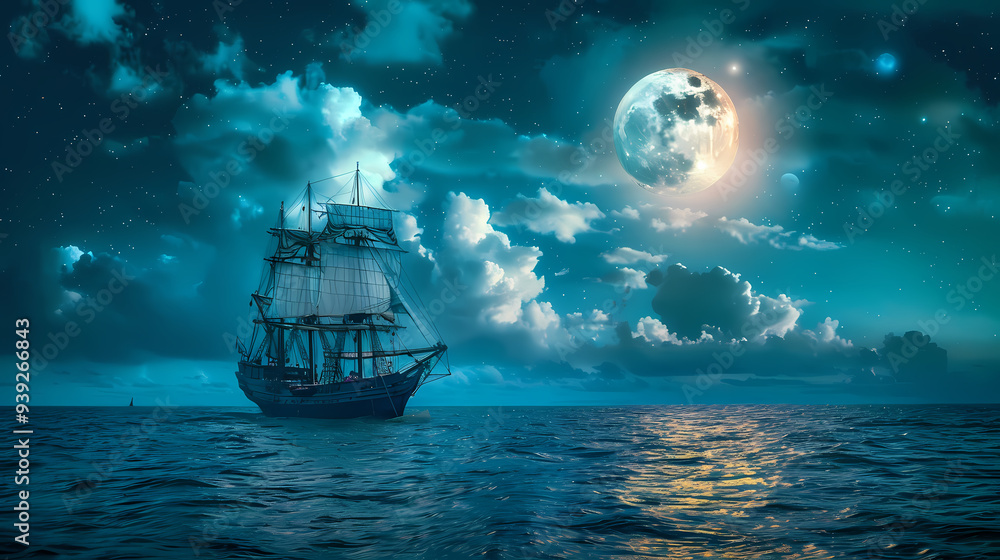 Fototapeta premium Sailing old ship in calm sea - Night sky with moon in the clouds