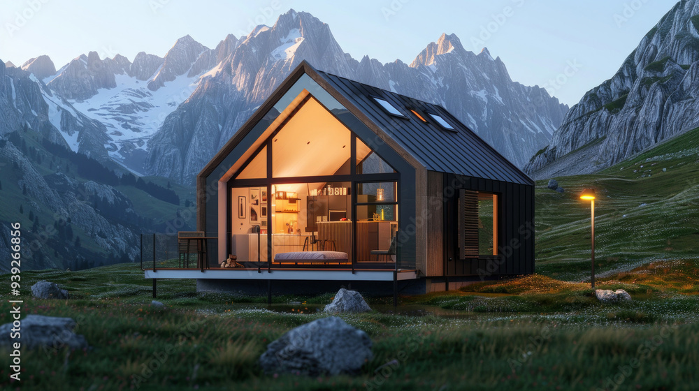 tiny house with a gable roof, made of wood and white polygons on the ...