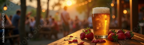 A frothy beer with strawberries on a wooden table during a lively outdoor gathering at sunset photo