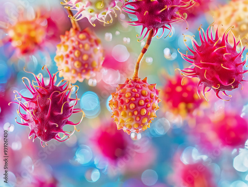 A bunch of pink and yellow fruit with a blue background. The fruit is very colorful and looks like it's floating in the air photo