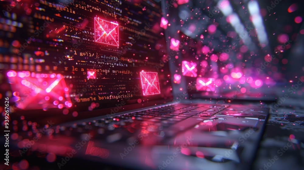 A close up of a laptop with neon pink mail icons glowing on the screen. A close up of a laptop with neon pink mail icons glowing on the screen.