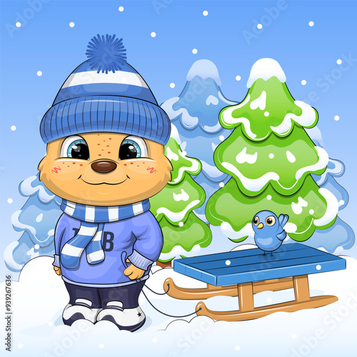 A cute cartoon bear in a warm hat and scarf is holding a sled rope. Winter vector illustration with an animal in nature on a blue background with snow.