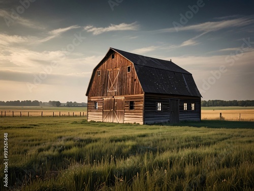 A rustic wooden barn standing alone in a vast, open field