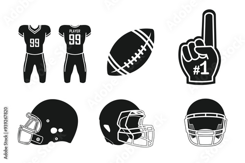American football set icon, black solid design . available jersey, rugby ball, helmet and number one fan gloves, editable vector eps 10.