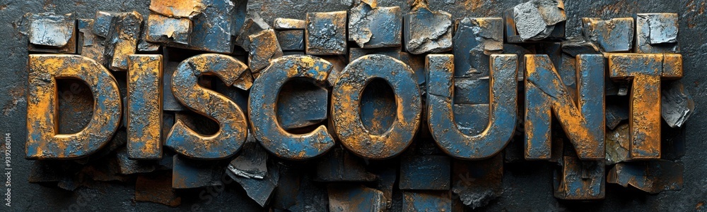 Rusty metal letters with rusted paint spelling discount on a wall, sale discount concept