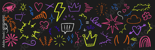 Collection of hand drawn crayon doodle shapes in punk and girly style. Colorful vector illustration.