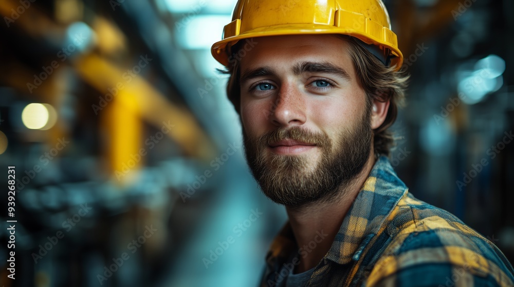 Portrait of a smiling worker in a hard hat looking at the camera against a blurred background. Portrait of a smiling worker in a hard hat looking at the camera against a blurred background.