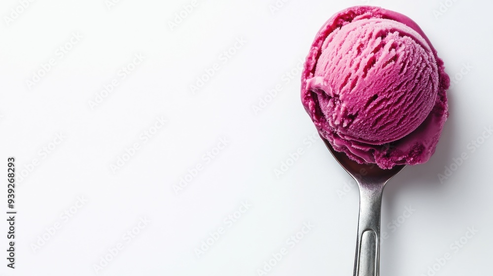 A single scoop of pink ice cream on a silver spoon, isolated on a white background. A single scoop of pink ice cream on a silver spoon, isolated on a white background.