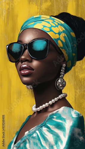 A portrait showcasing a stylish person with large sunglasses and a headwrap, set against a yellow background exuding artistic elegance and sophistication. photo