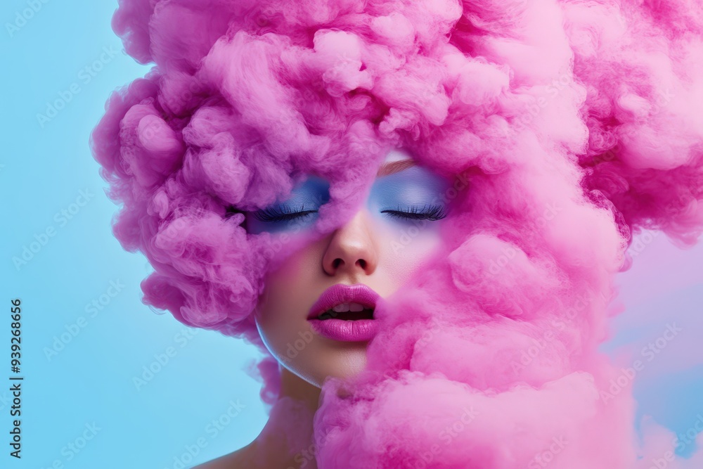 A dramatic photograph depicting a person engulfed in a cloud of vibrant pink smoke against a clear blue sky, evoking feelings of mystery and surrealism in a modern artistic style. A dramatic photograph depicting a person engulfed in a cloud of vibrant pink smoke against a clear blue sky, evoking feelings of mystery and surrealism in a modern artistic style.