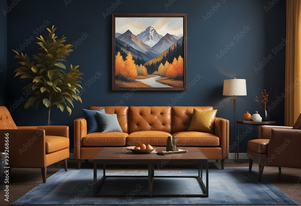 digital painting, A cozy living room with a large framed landscape painting on the wall, featuring a mountainous scene with orange and yellow autumn foliage. digital painting, A cozy living room with a large framed landscape painting on the wall, featuring a mountainous scene with orange and yellow autumn foliage.