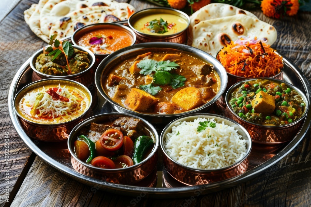 traditional authentic indian serving of dishes from small metal bowls, gastrotourism traditional authentic indian serving of dishes from small metal bowls, gastrotourism