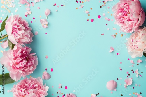 Elegant sky-themed mother’s day card design featuring delicate pink flowers on a light blue and mint background with bright confetti and empty area, perfect for summer gatherings or special occasions