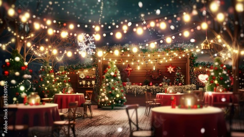 Illustration of a Christmas party with festive decorations and lights. 