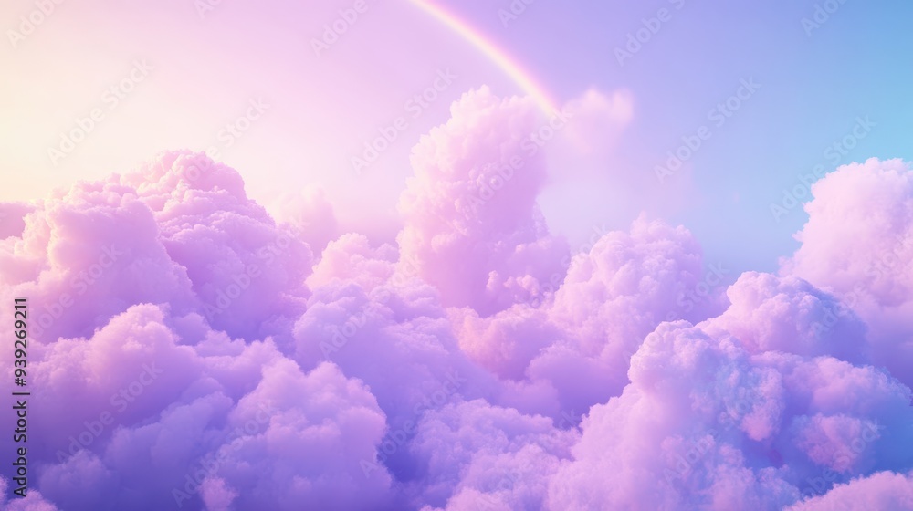 A serene sky filled with fluffy clouds and a soft rainbow, creating a dreamy atmosphere. A serene sky filled with fluffy clouds and a soft rainbow, creating a dreamy atmosphere.