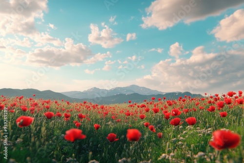 Charming scenery showcasing crimson poppy flowers beneath a gorgeous sky backdrop