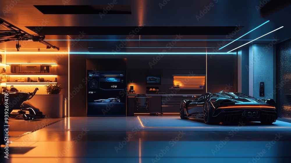 Modern Garage Interior with Luxury Sports Car Modern Garage Interior with Luxury Sports Car