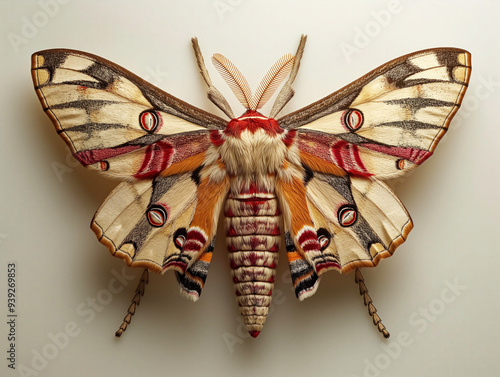 A colorful butterfly with red and orange wings is embroidered on a white background. The butterfly is the main focus of the image, and its vibrant colors create a sense of beauty and wonder photo