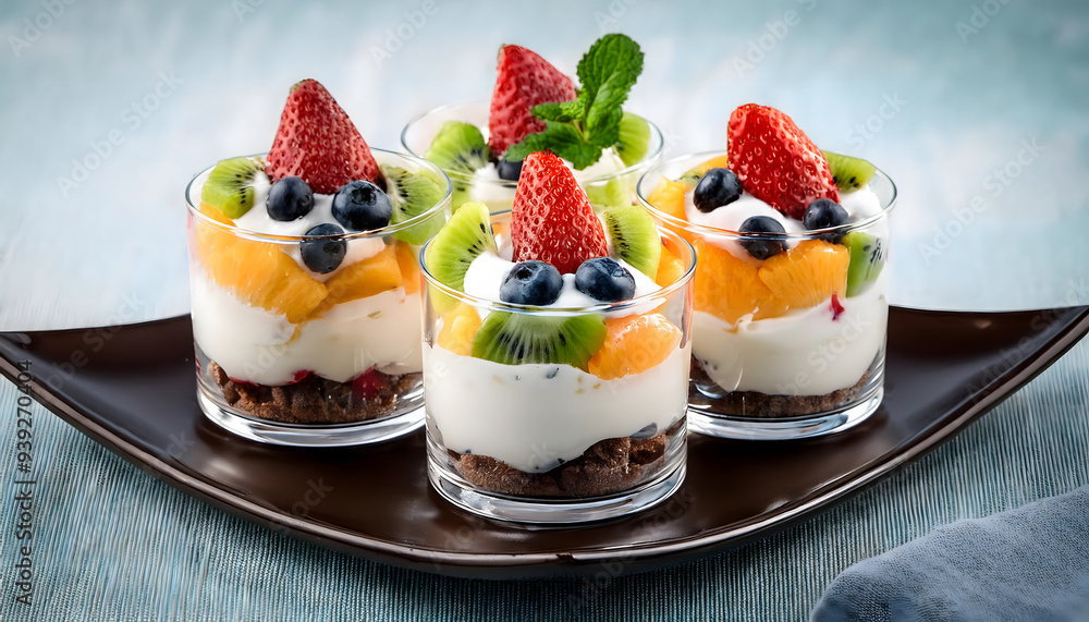 Dessert with fruit and cream yogurt, Desserts with fruit in cups Dessert with fruit and cream yogurt, Desserts with fruit in cups