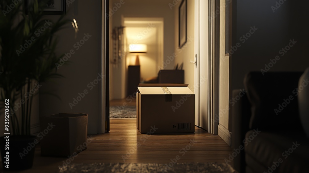 A cardboard box filled with personal belongings and furniture stood inside the new apartment, its door unlocked. The relocation process was complete. A cardboard box filled with personal belongings and furniture stood inside the new apartment, its door unlocked. The relocation process was complete.