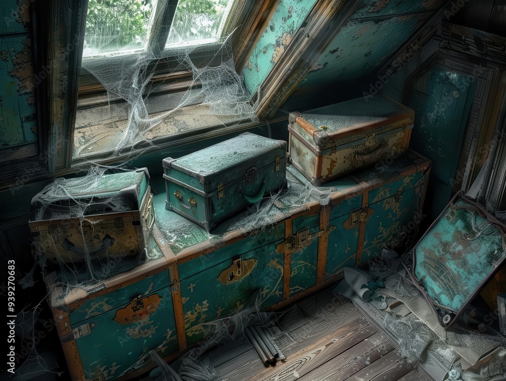 Obraz premium Abandoned attic with old chests covered in cobwebs, evoking a sense of nostalgia and mystery. Perfect for vintage themes.