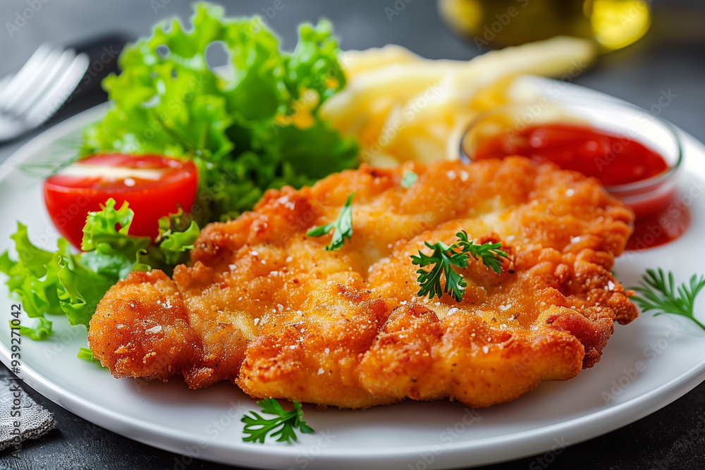 Breaded wiener schnitzel with potato fries and sauce. Oktoberfest dishes. Breaded wiener schnitzel with potato fries and sauce. Oktoberfest dishes.