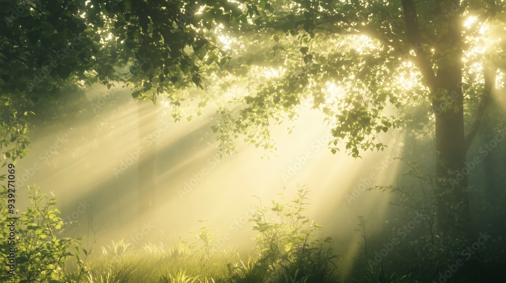 Fototapeta premium Misty Forest at Dawn with Light Beams