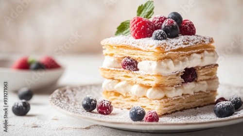 A delicious mille-feuille pastry with layers of flaky puff pastry, whipped cream, and fresh berries.