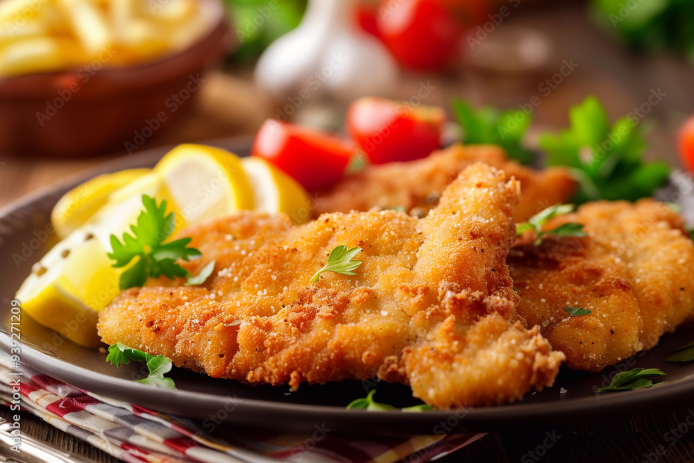 Breaded wiener schnitzel with potato fries and sauce. Oktoberfest dishes. Breaded wiener schnitzel with potato fries and sauce. Oktoberfest dishes.