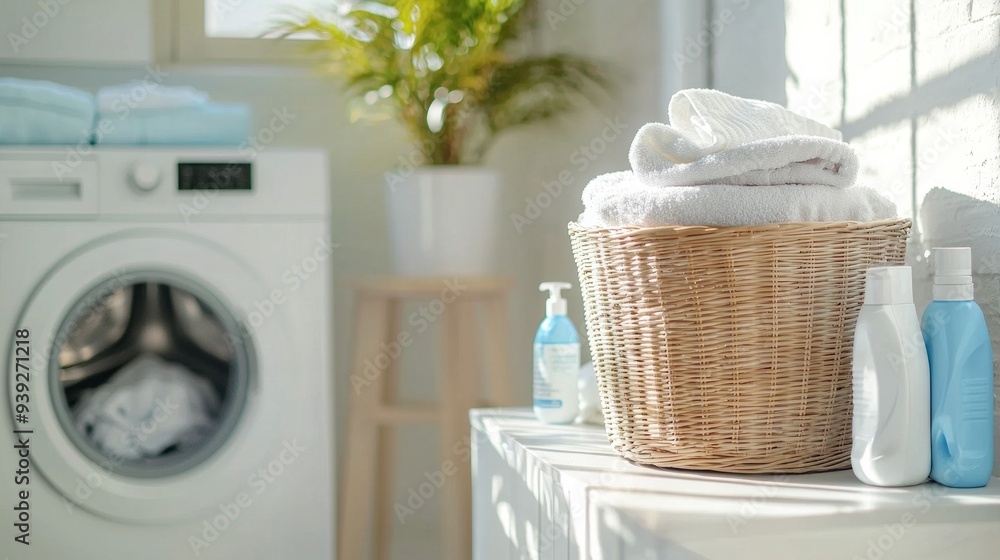 Clean Laundry Setup: Modern washing machine with detergents, fresh towels, and a laundry basket in a bright, organized laundry room Clean Laundry Setup: Modern washing machine with detergents, fresh towels, and a laundry basket in a bright, organized laundry room