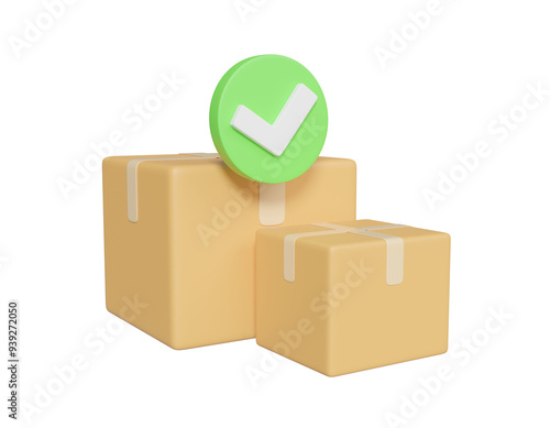3D illustration with parcel box icon and check mark Concept of successful package delivery and confirmation of package receipt isolated on transparent background.