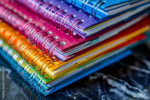 A set of spiral notebooks in different colors stacked neatly on a desk