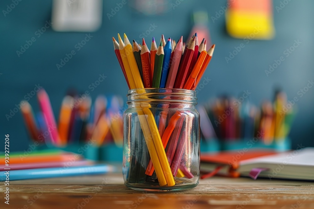 An array of pens and pencils placed in a jar An array of pens and pencils placed in a jar