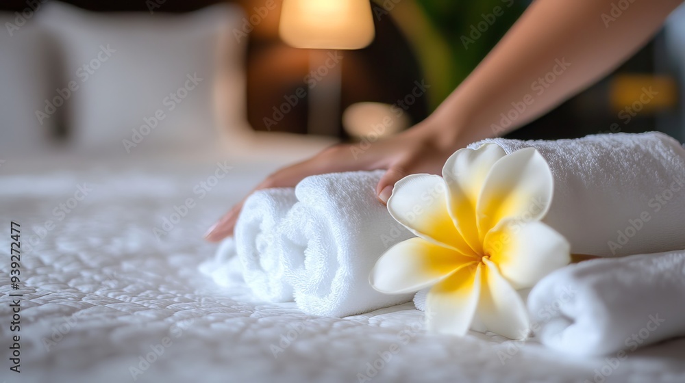 A hotel maid arranges a plumeria flower and fresh towels on the bed in an upscale hotel room, preparing for the arrival of guests. A hotel maid arranges a plumeria flower and fresh towels on the bed in an upscale hotel room, preparing for the arrival of guests.