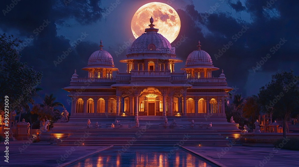 Obraz premium A beautifully lit temple with the full moon overhead, a spiritual symbol of Sharad Purnima